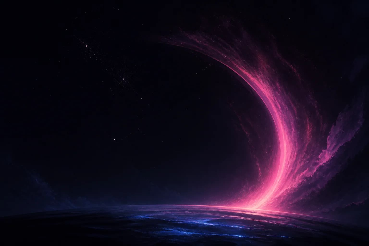 A distant celestial horizon opening beyond a dark landscape