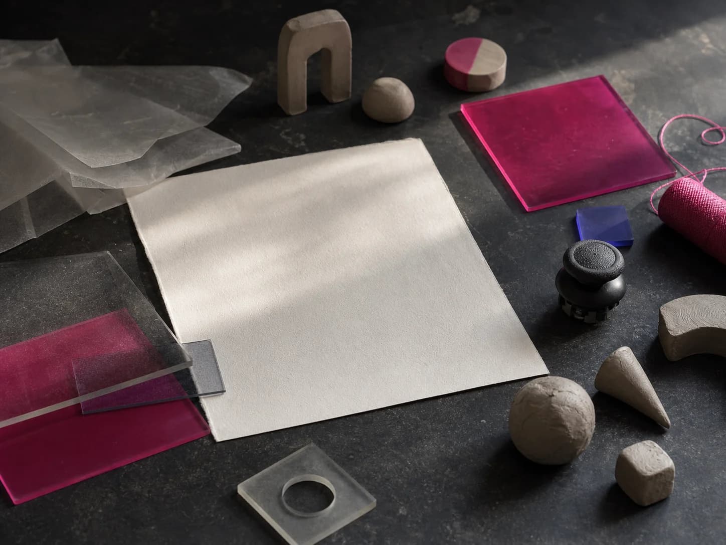 Paper and game-making materials arranged on a studio workbench