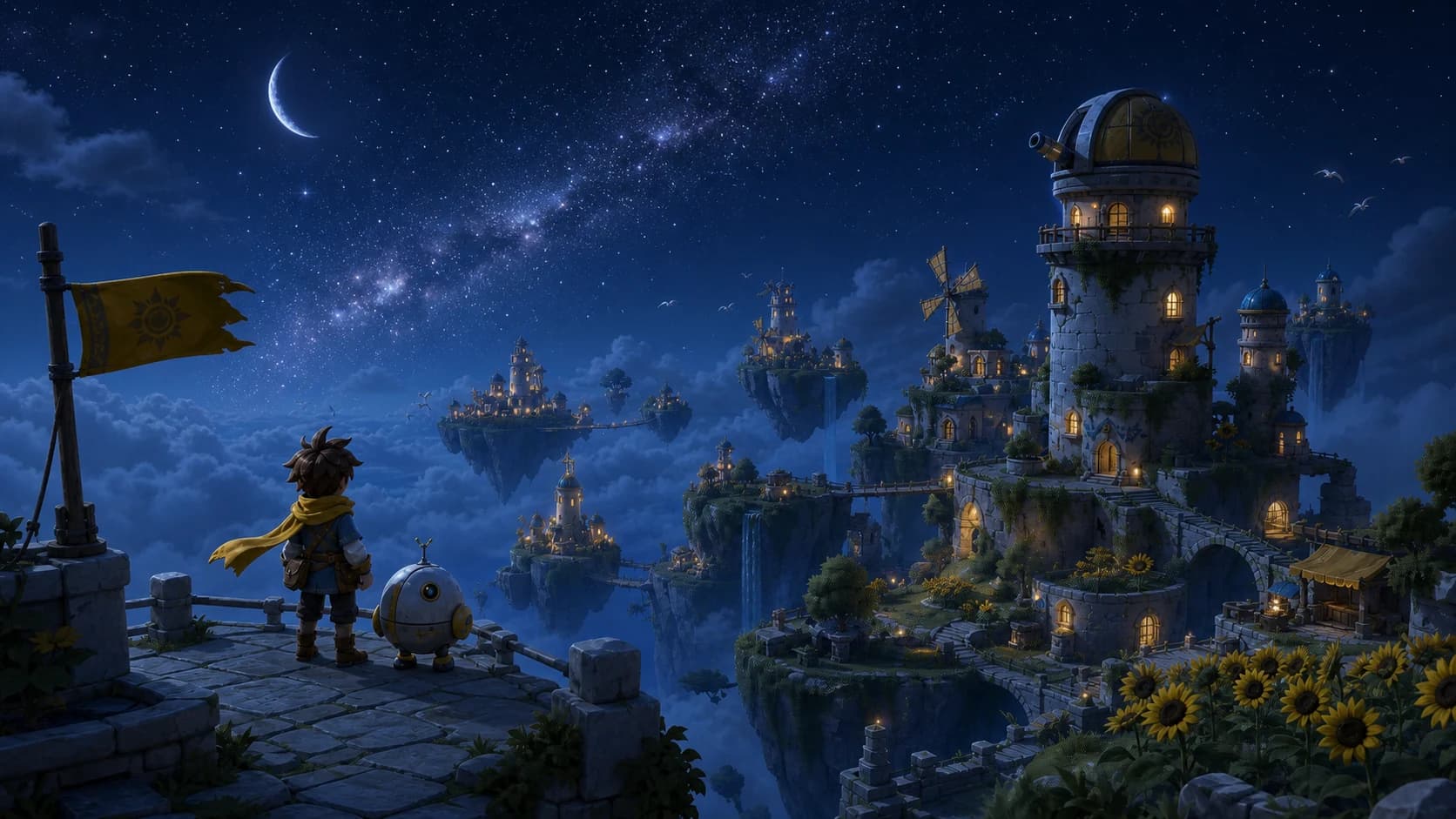 A lone explorer looking across floating observatory islands beneath a wide night sky